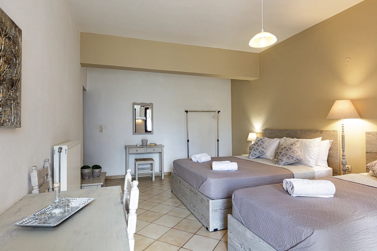 Habitación de hotel con dos camas, un escritorio pequeño, un espejo y un radiador.