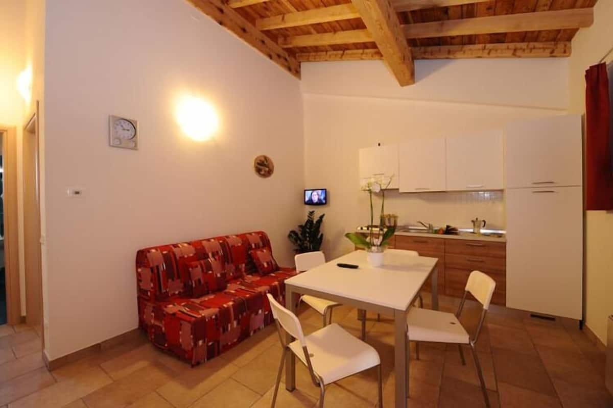 A compact living space with a dining table, white chairs, a red patterned sofa, a small kitchen area, and a television.