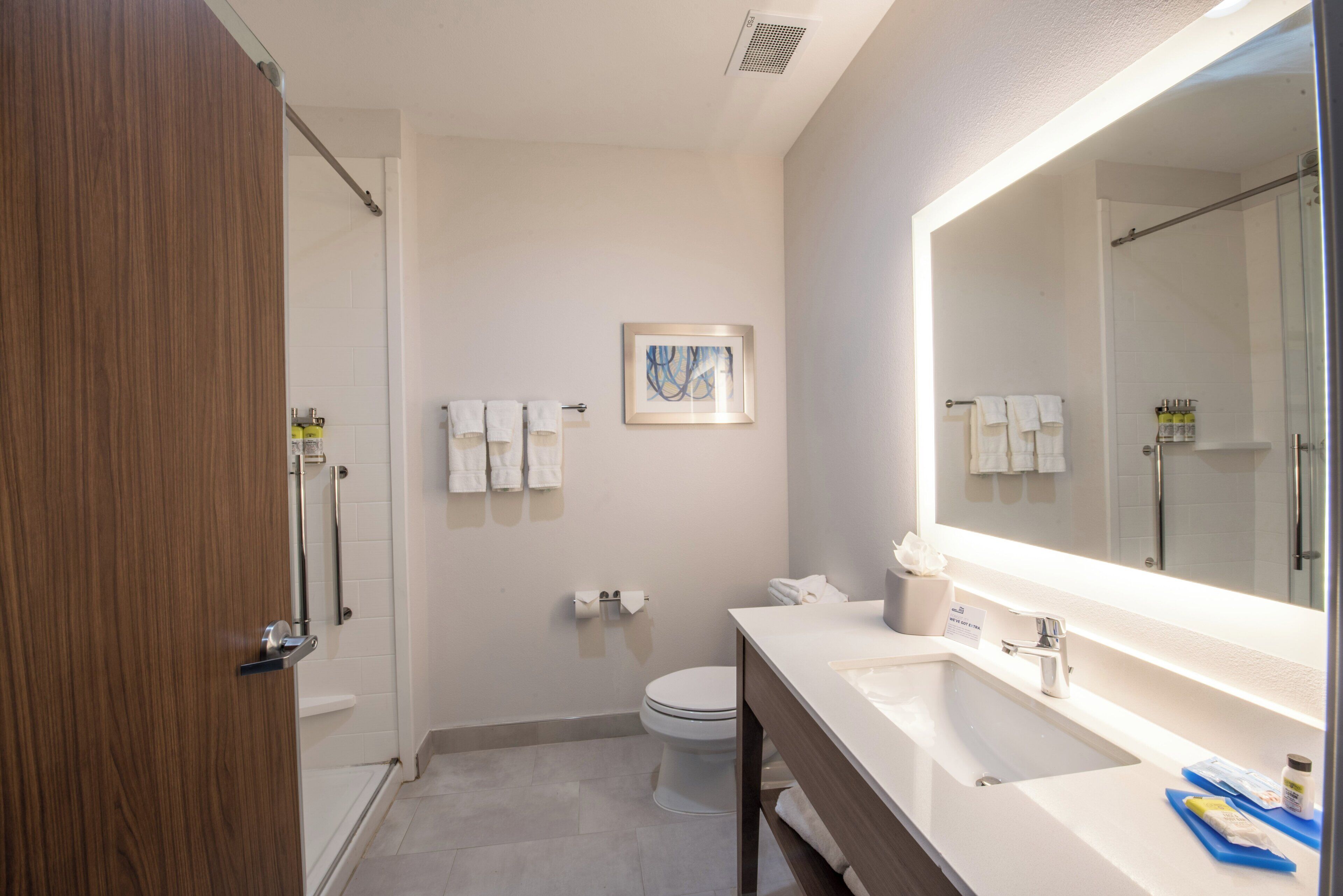 Een moderne badkamer met een douche, toilet en een grote spiegel boven de wastafel.