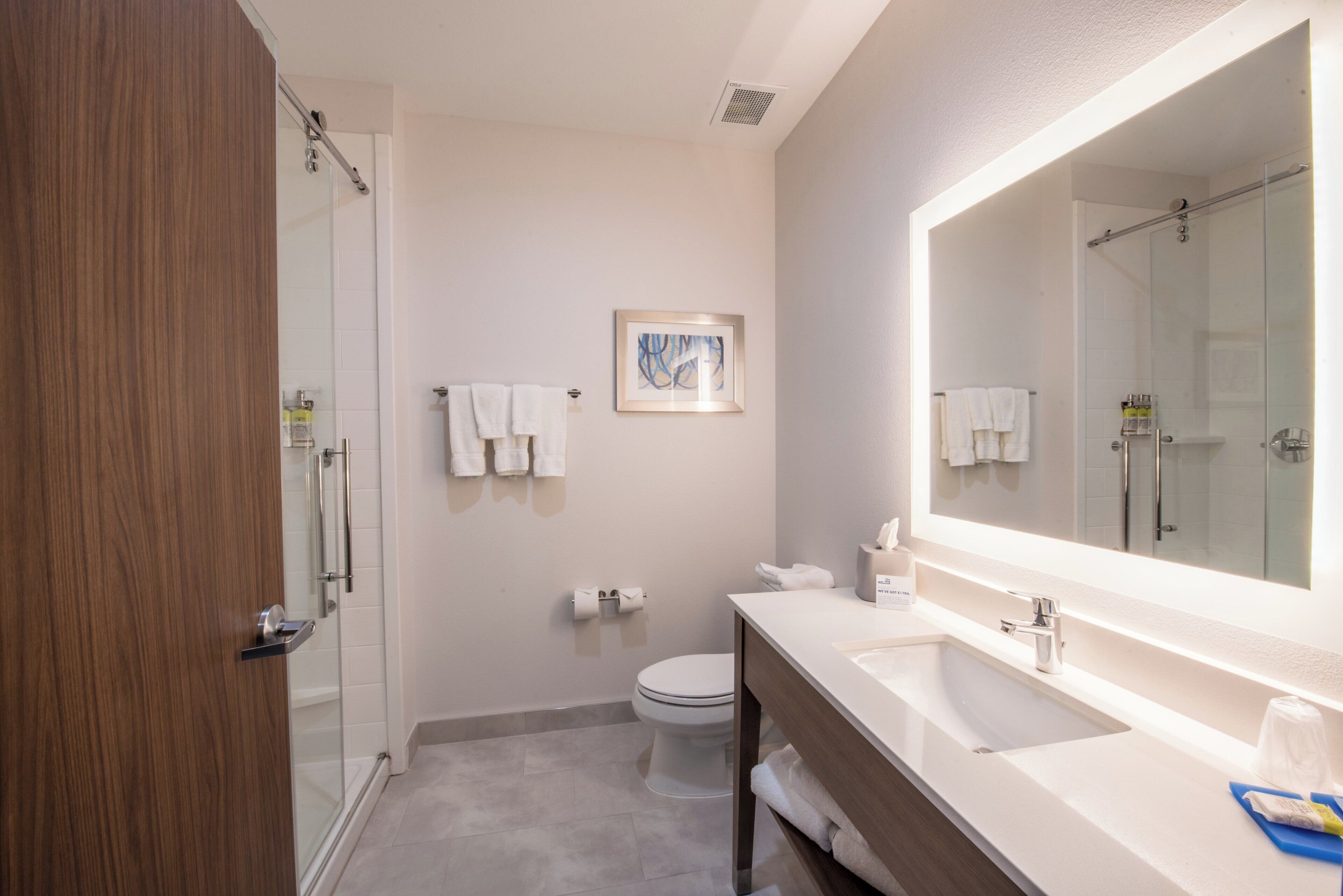 Un baño moderno con cabina de ducha de vidrio, inodoro blanco, espejo grande y tocador de madera.