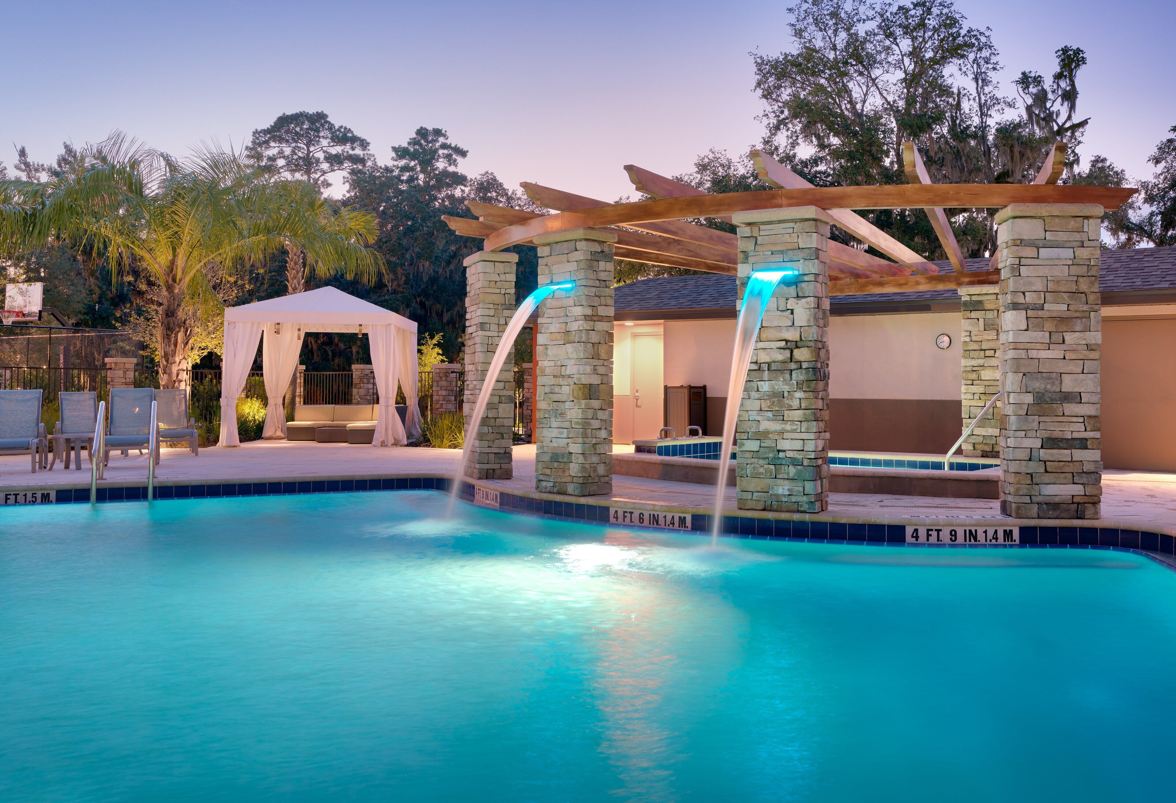 outdoor pool, pool loungers