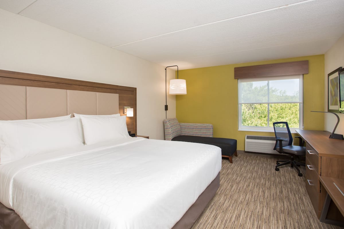 A hotel room with a large bed, a desk, a chair, and a window with a view of greenery.