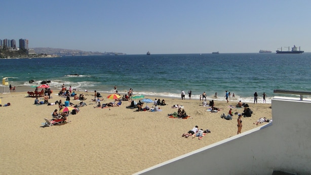 A beach with people sunbathing and swimming, a clear sky, and ships in the distance.