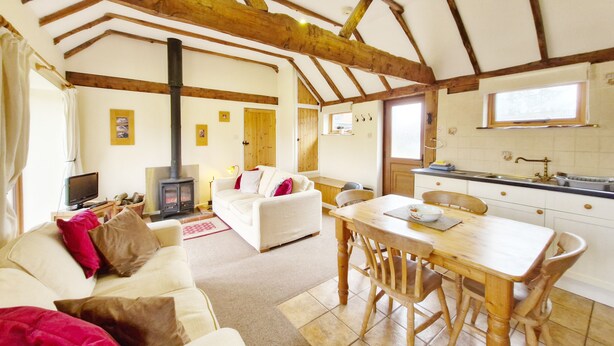 A cozy living room with a fireplace, a dining area, and a kitchen with wooden beams. - The Dairy , Petersfield -  a barn conversion that sleeps 4 guests  in 1 bedroom (Petersfield)