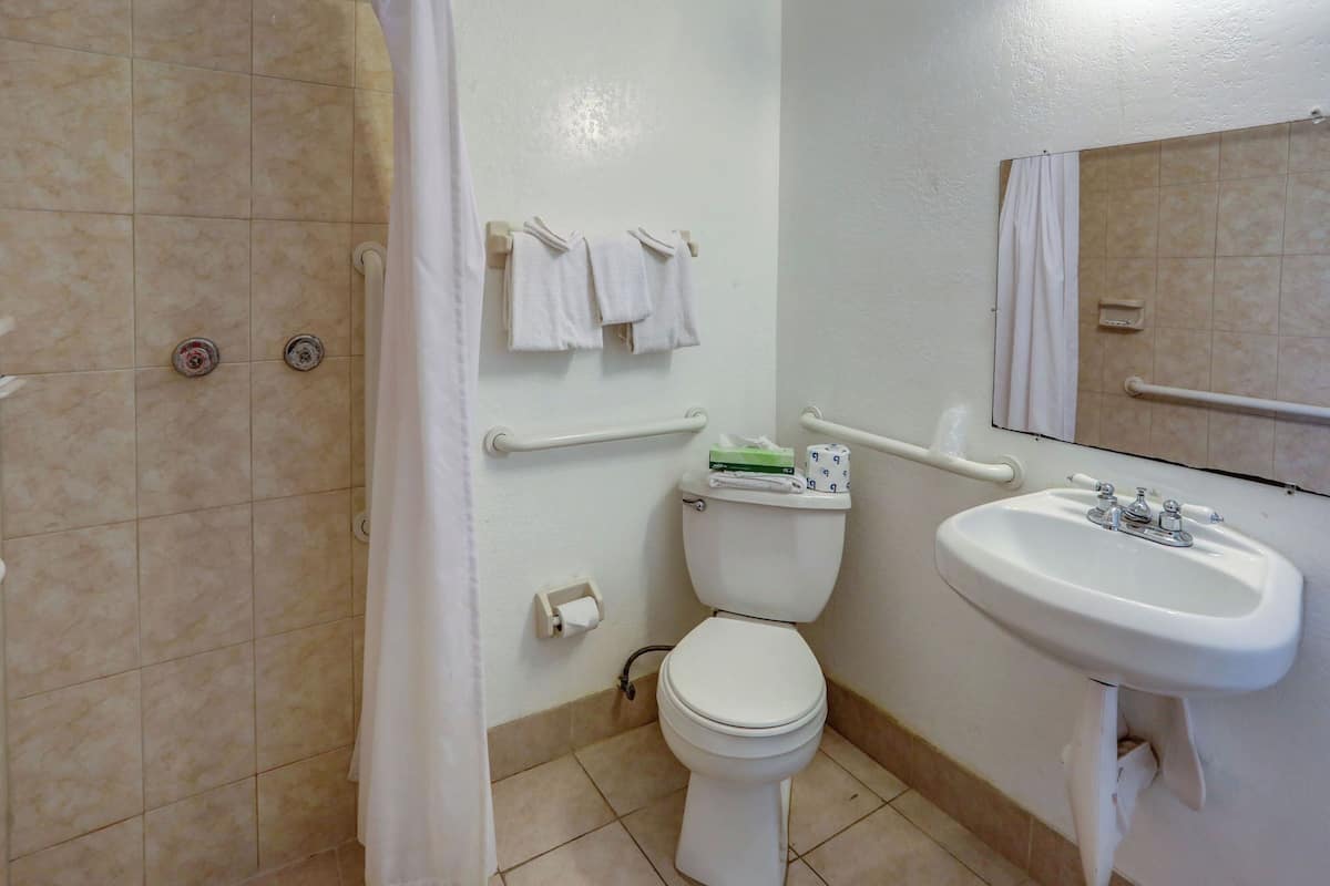A bathroom with a toilet, sink, and shower area.