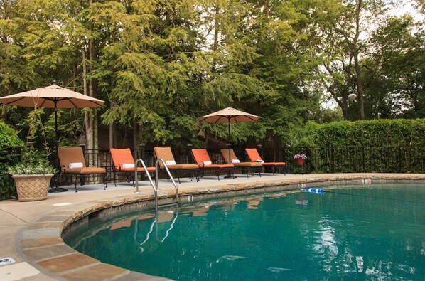 Seasonal outdoor pool, open 9:00 AM to 8:00 PM, sun loungers