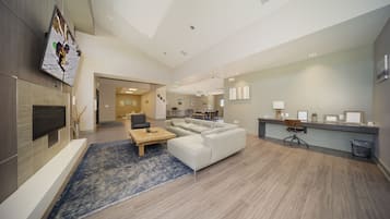 Flat-screen TV, fireplace