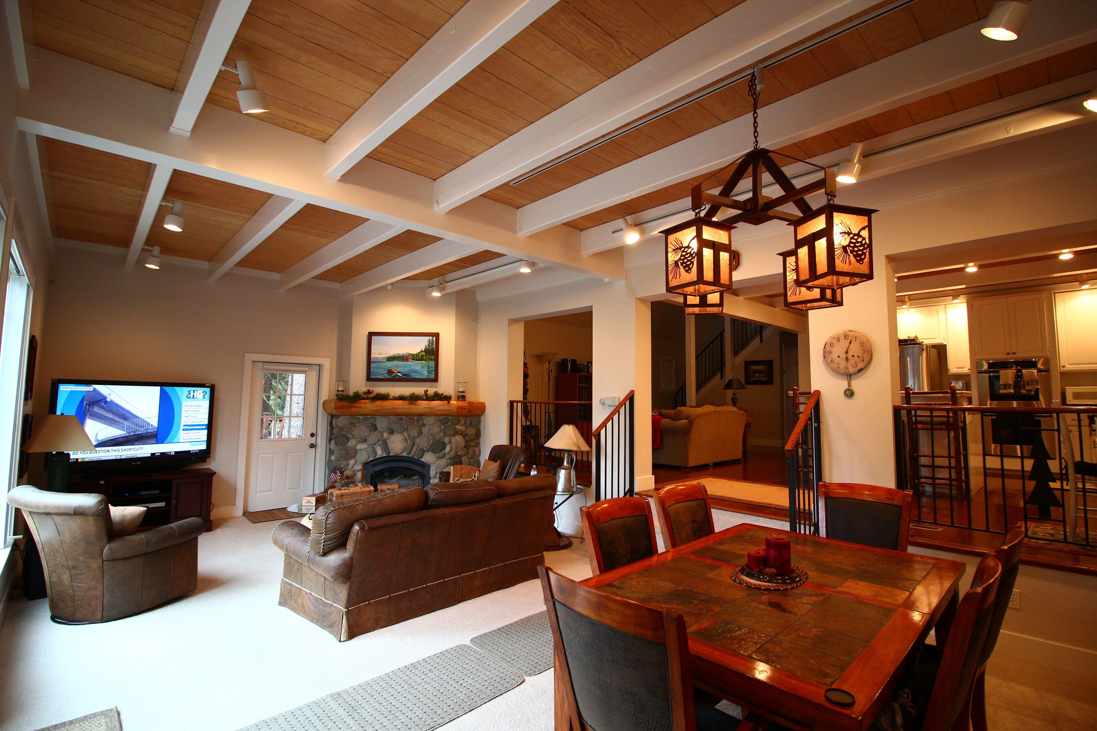 open plan living room, dining area, kitchen and family room