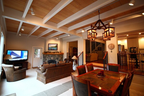 open plan living room, dining area, kitchen and family room