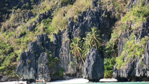 A coastal landscape with rocky cliffs, palm trees, and a beach. - Hwan Dynasty Suite Elnido (El Nido)