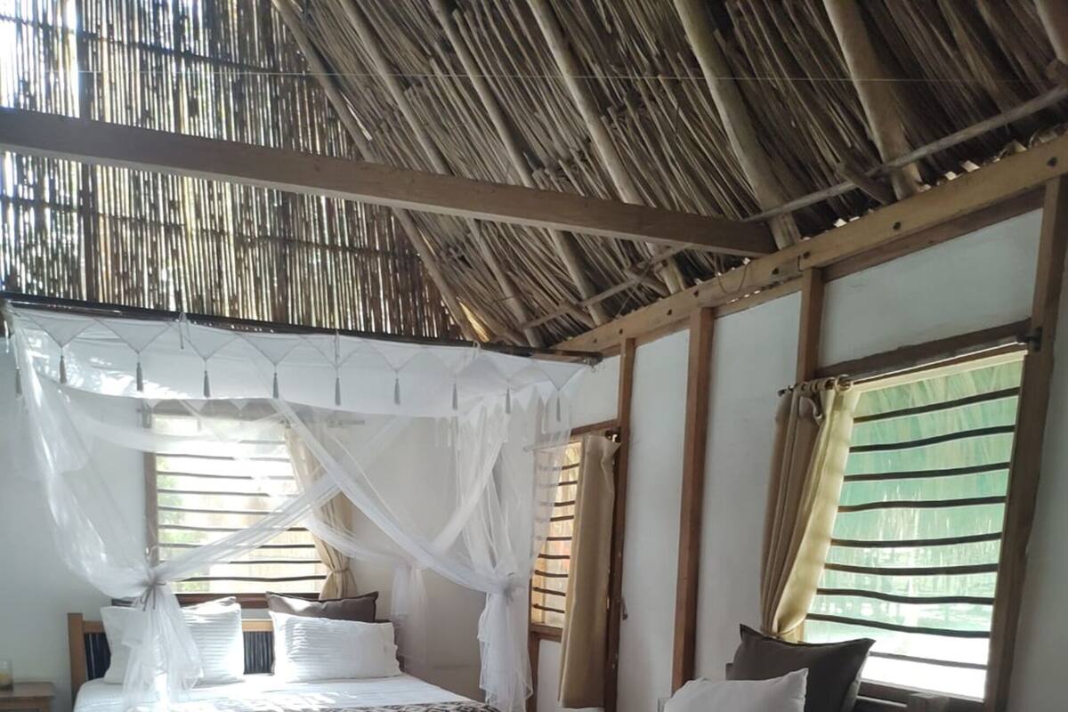 A room with two beds, a mosquito net, and wooden flooring.