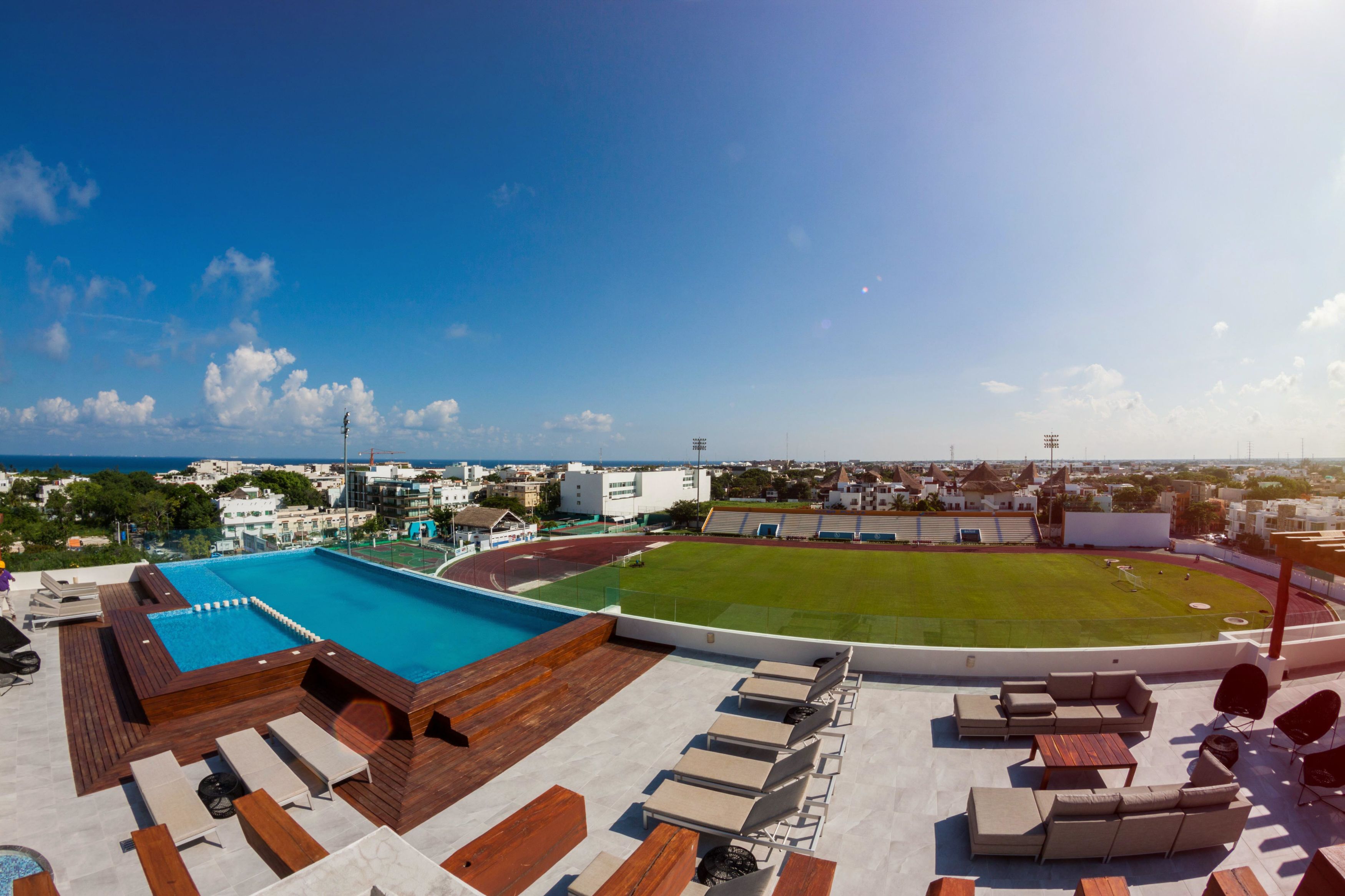 A rooftop with a swimming pool, sun loungers, and a green lawn.