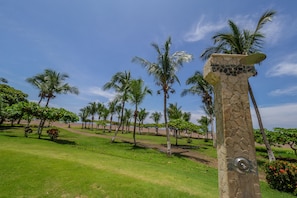 Escape to a tranquil oasis surrounded by lush palm trees and a beautifully manicured lawn.