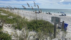Ein Strand mit Dünen, ein Schild, das Seidenhirse und den Schutz der Dünen kennzeichnet, sowie Strandstühle und Sonnenschirme.
