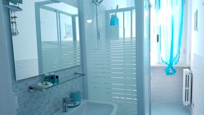 Shower, hair dryer, bidet, towels