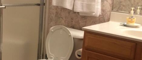 A bathroom with a toilet, a shower with a glass door, marble walls, and a wooden cabinet.