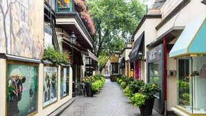 Une rue piétonne étroite, bordée de boutiques et de cafés, avec des terrasses et des plantes en pot.
