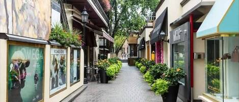 Une rue piétonne étroite, bordée de boutiques et de cafés, avec des terrasses et des plantes en pot.