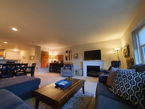 Smart TV, chimenea, reproductor de DVD y libros 