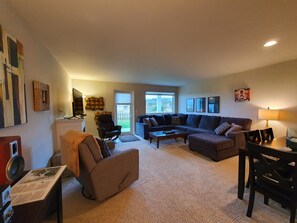 Smart TV, chimenea, reproductor de DVD y libros 