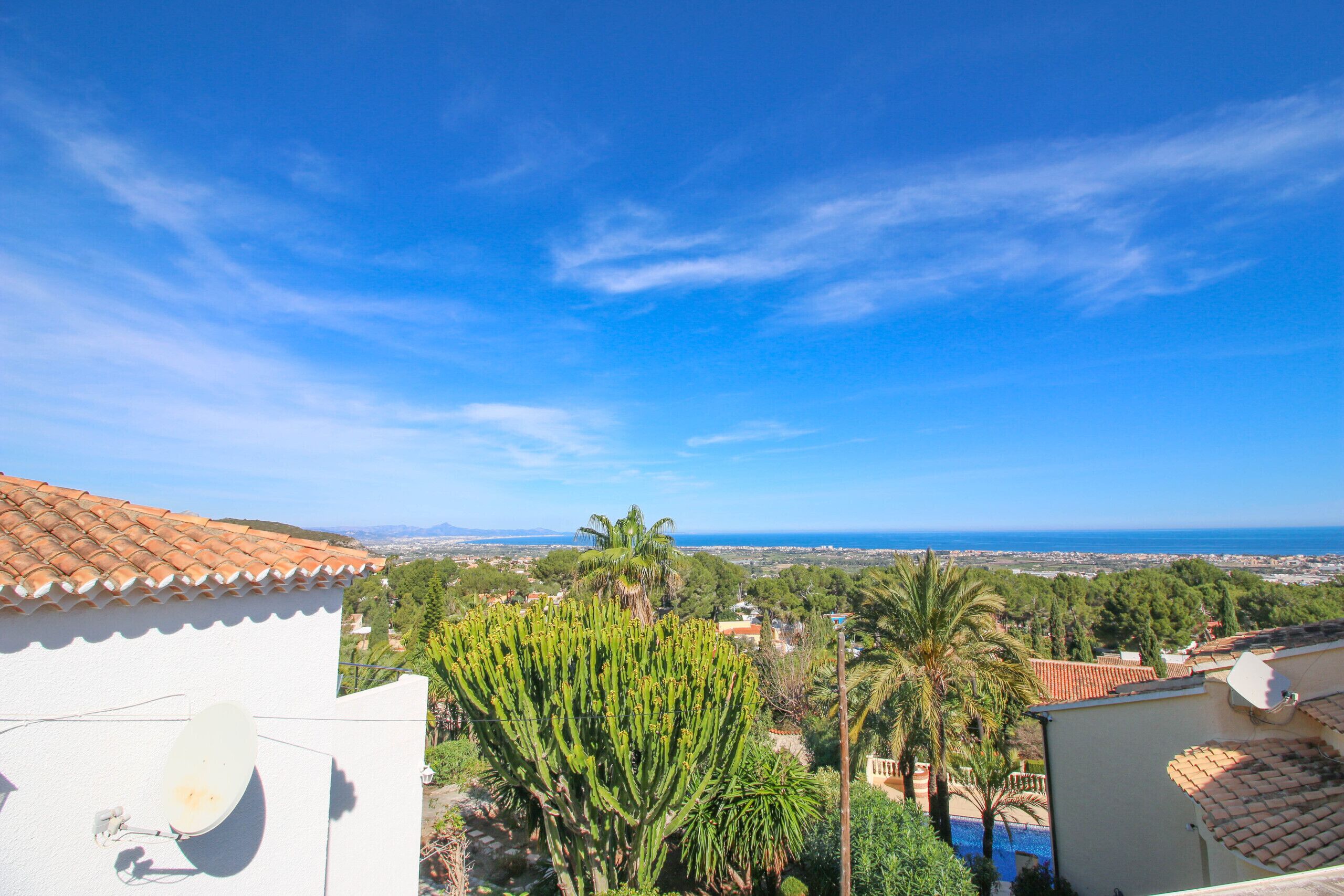 A coastal view with a clear sky, palm trees, and a distant sea.