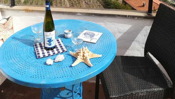 A blue table with a bottle of Cinq Ciel Terri wine, starfish, and a checkered napkin on a balcony overlooking a coastal landscape with houses and cliffs. - Villa lardarina (Corniglia Liguria)