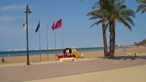 A beachside promenade with palm trees, a row of flags, and a cityscape in the background.