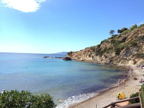 On the beach, sun loungers