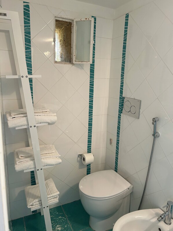 Un baño con inodoro, lavamanos, toallero y ducha.