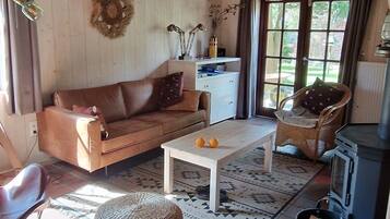 Chimenea, reproductor de DVD, libros, videoteca