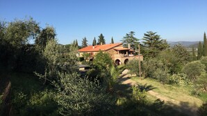 A rustic house with a red-tiled roof, surrounded by lush greenery and trees.