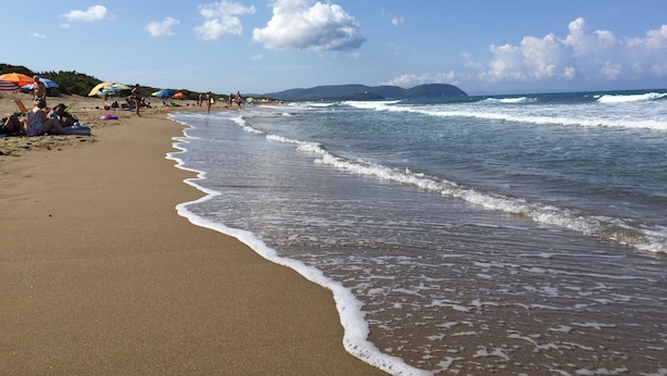A beach with people, umbrellas, and waves.