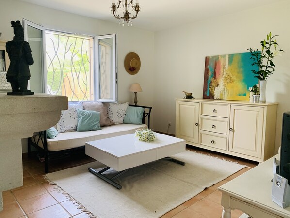 Smart TV, fireplace, DVD player, books