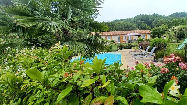 Una piscina rodeada de exuberante vegetación y una casa al fondo.