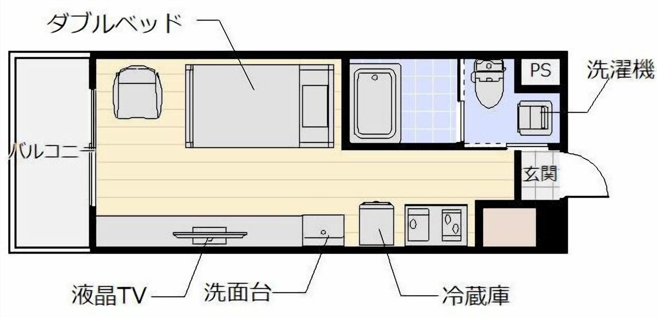A hotel room layout with a bed, TV, washbasin, wardrobe, and a small seating area.
