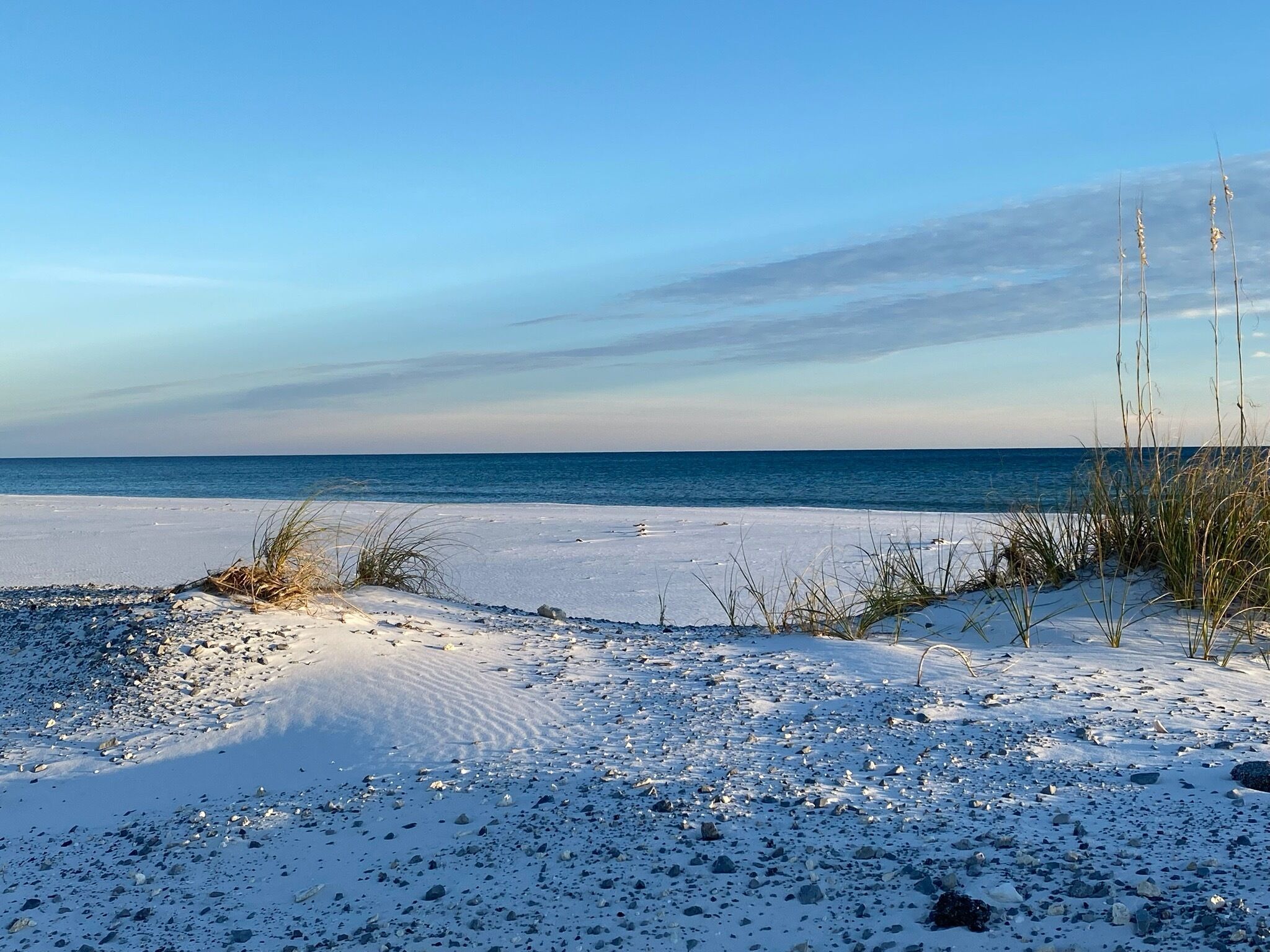 A snowy beach with a clear sky and calm sea.