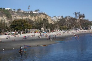 On the beach, sun loungers, beach towels