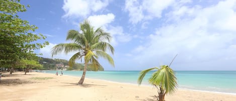 Nära stranden, solstolar och strandhanddukar