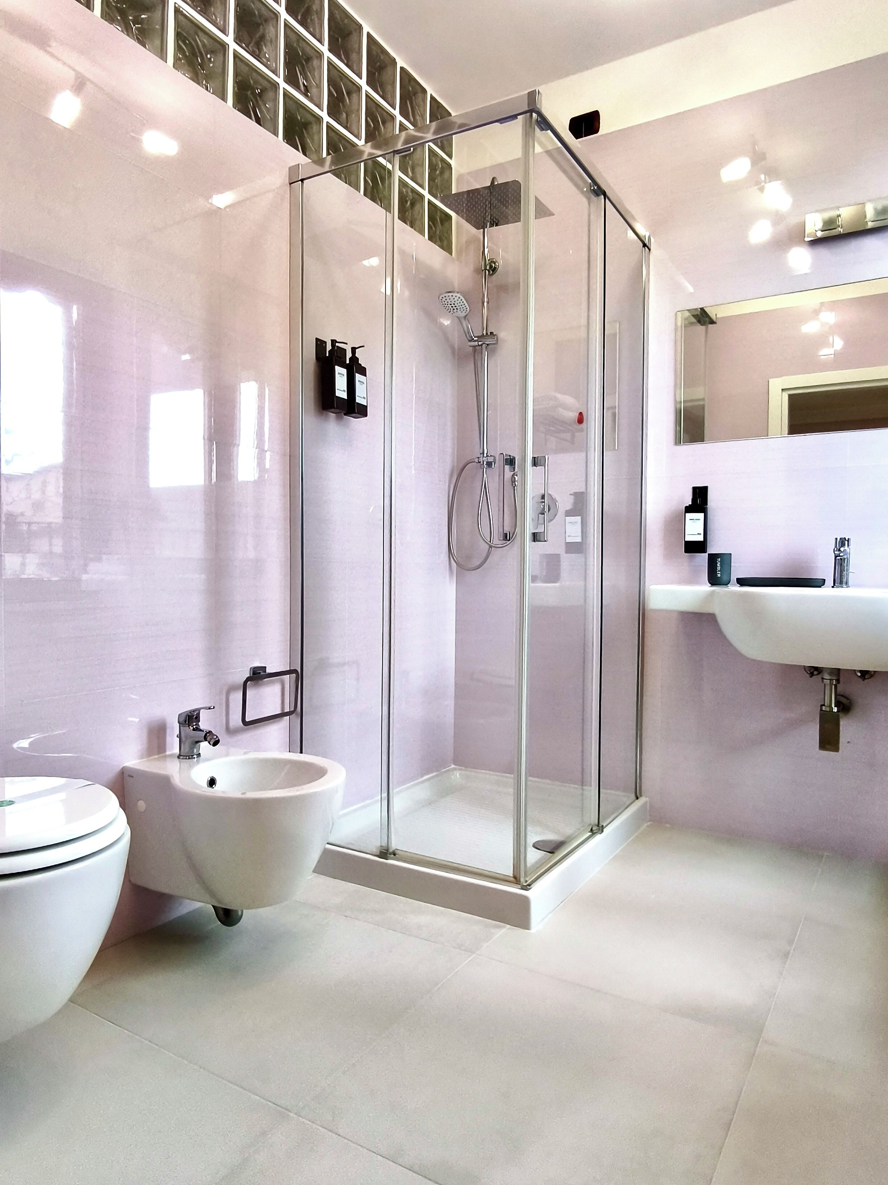 A modern bathroom with a glass-enclosed shower, a bidet, and a sink.