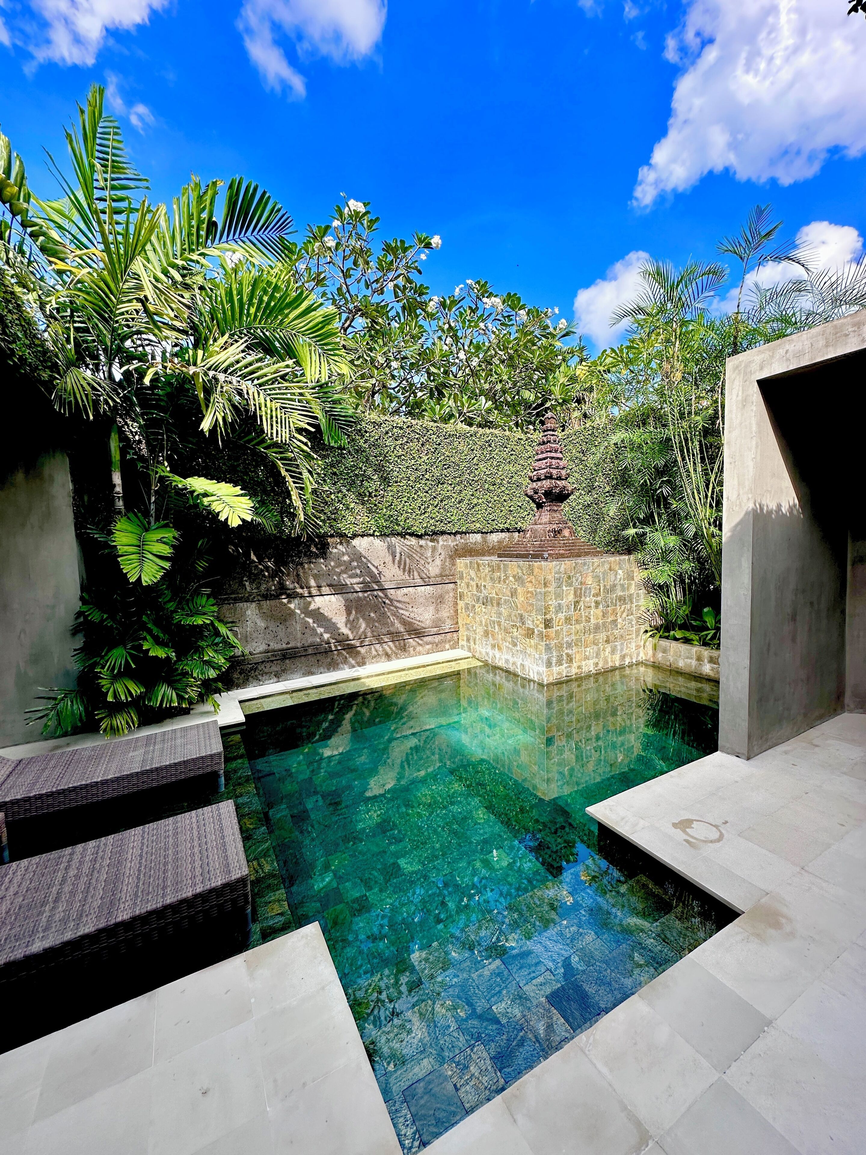 Una piscina al aire libre, sillones reclinables de piscina