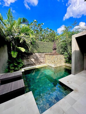 Una piscina al aire libre, sillones reclinables de piscina
