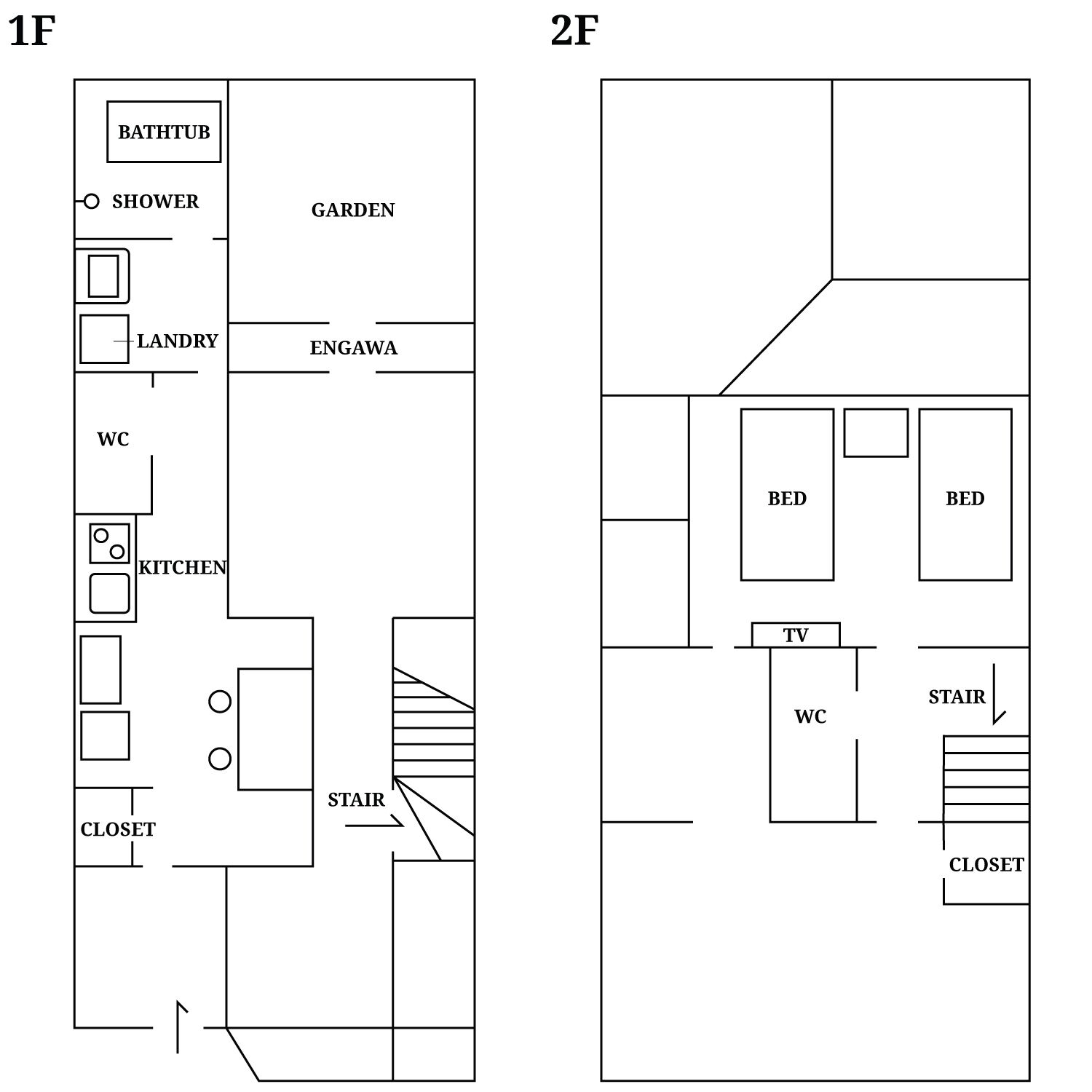 A floor plan with a bathroom, kitchen, closet, and a garden area.