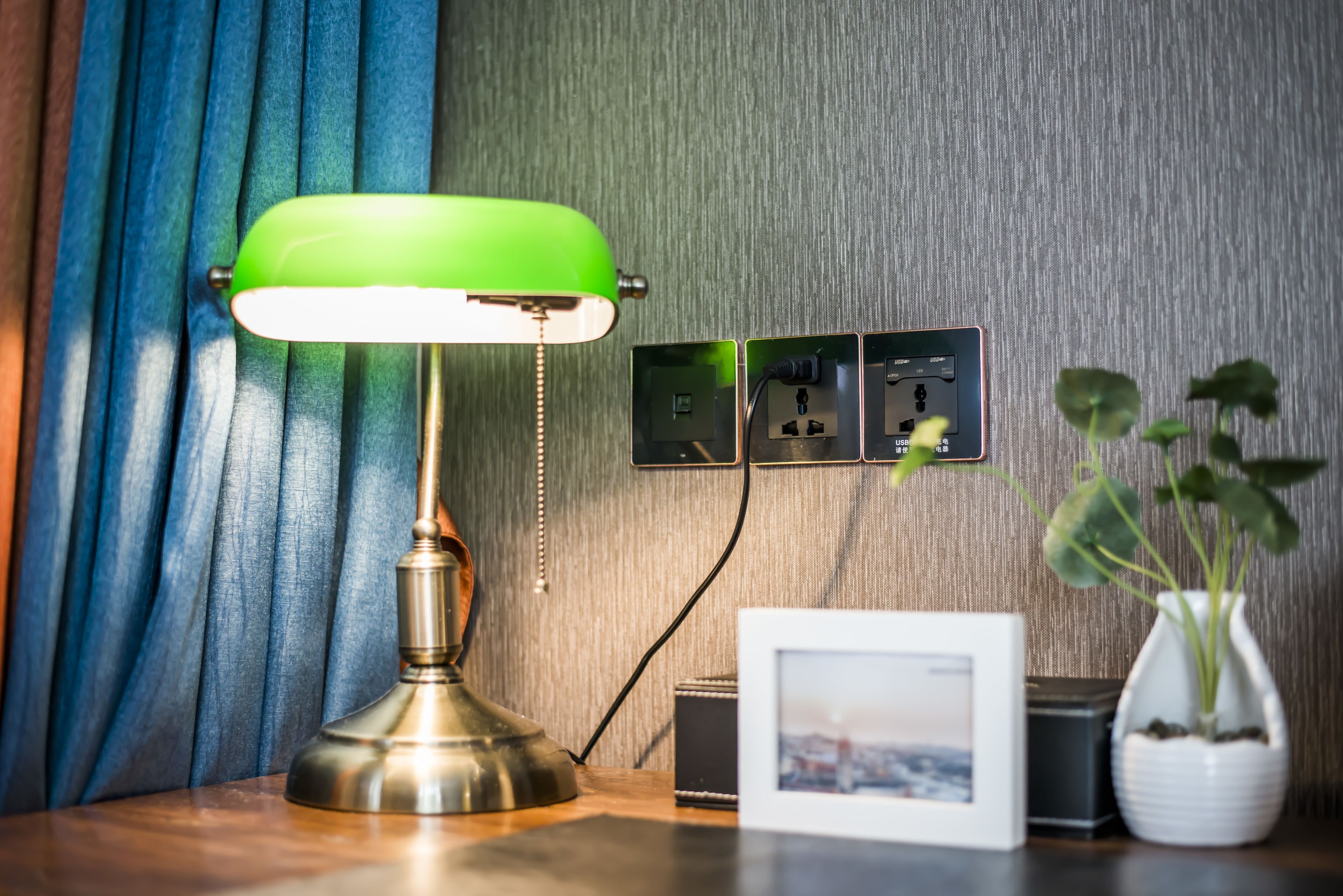 Une lampe de bureau, un tableau encadré, une plante en pot et des prises électriques sur un mur.