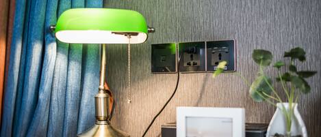 A desk lamp, a framed picture, a potted plant, and electrical outlets on a wall.