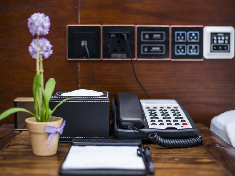 A wooden nightstand with a black telephone, a notepad, and a potted plant.
