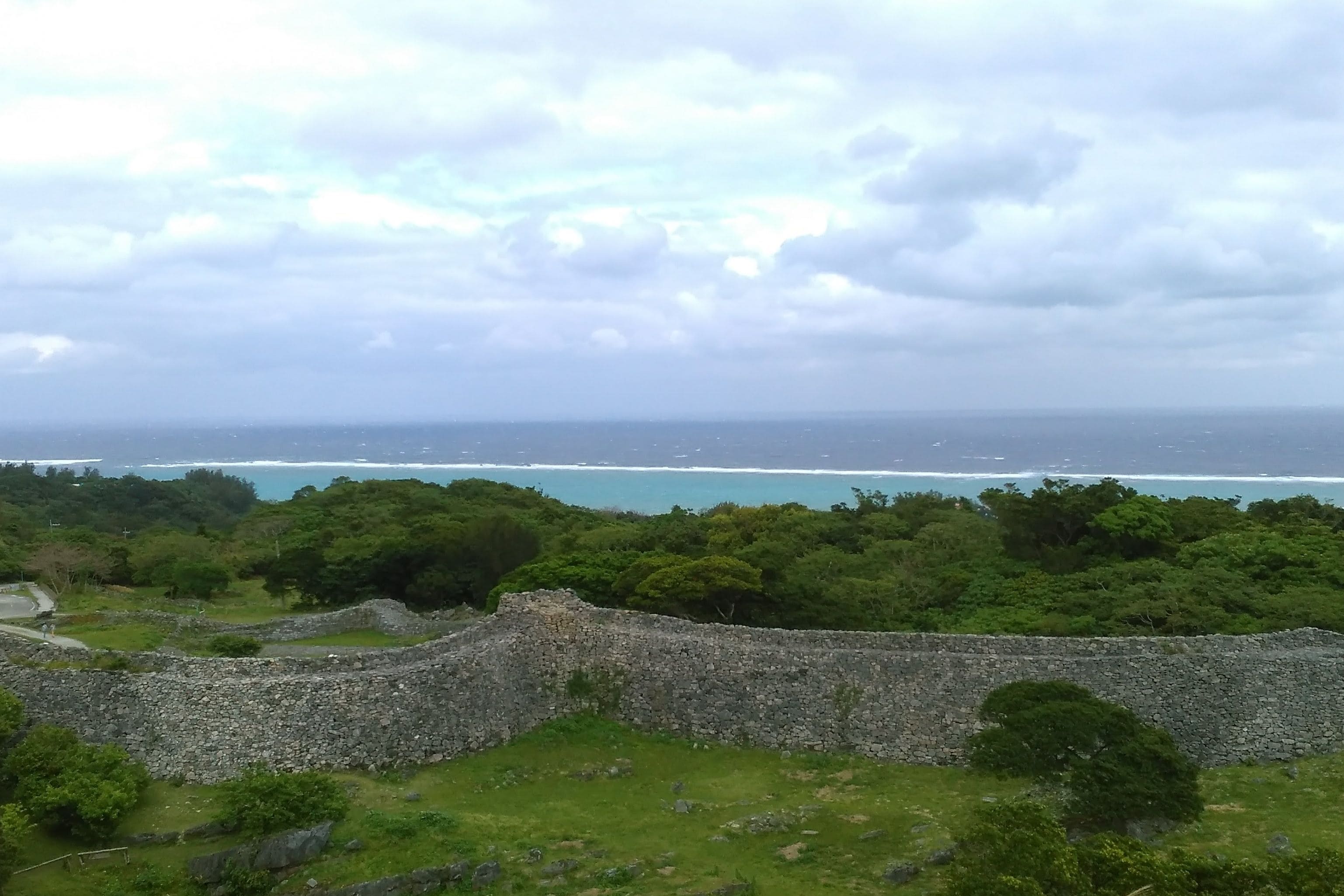 Un paysage côtier avec un mur de pierre et une végétation luxuriante.
