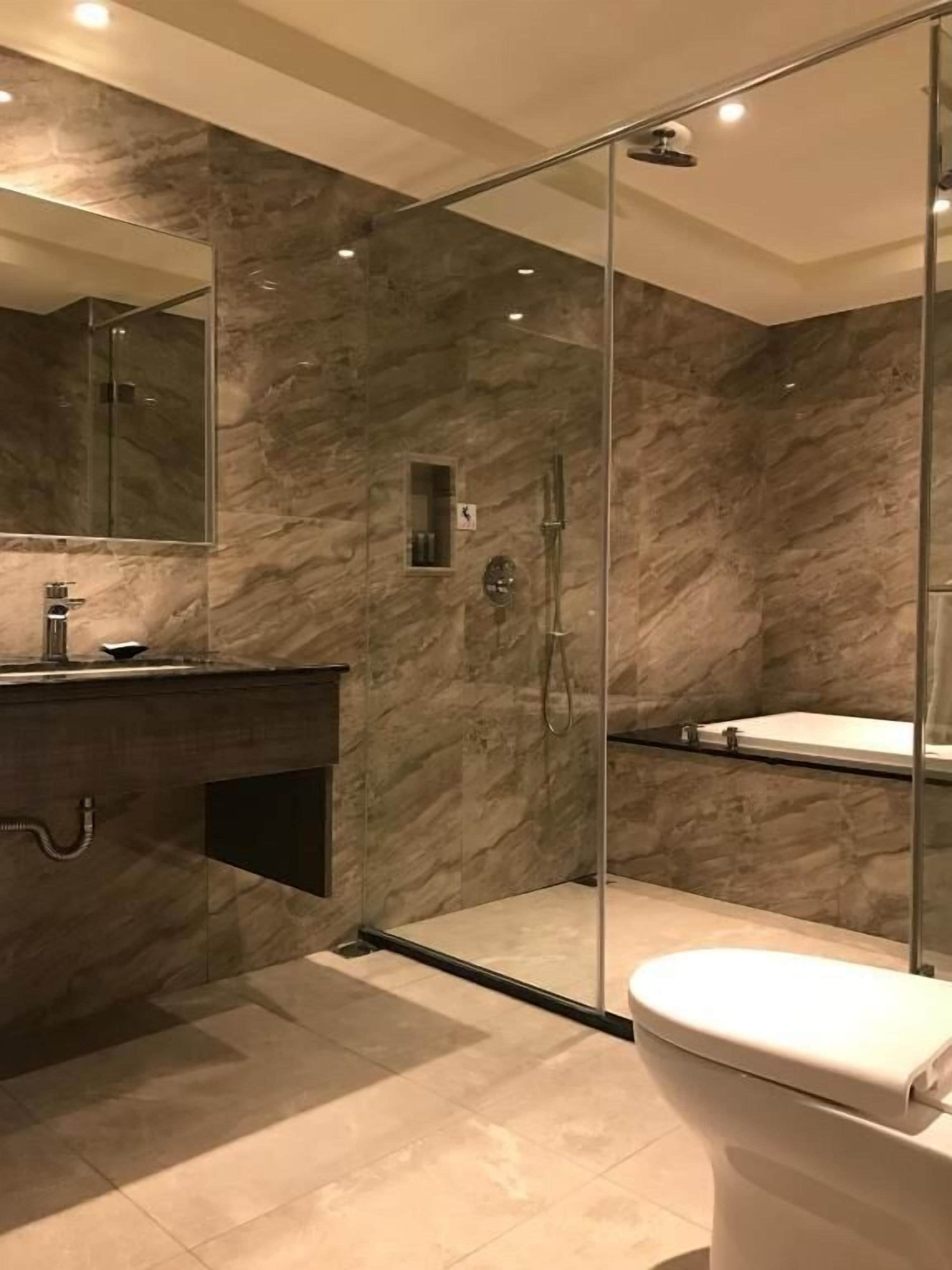 shower, rainfall showerhead, hair dryer, slippers