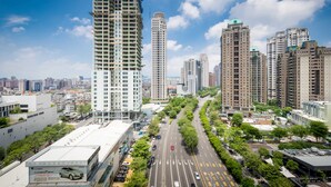 Un paysage urbain avec de hauts immeubles, une large avenue bordée d’arbres et un ciel dégagé.