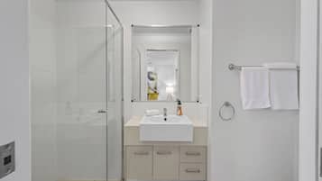 Combined shower/bathtub, hair dryer, towels, soap