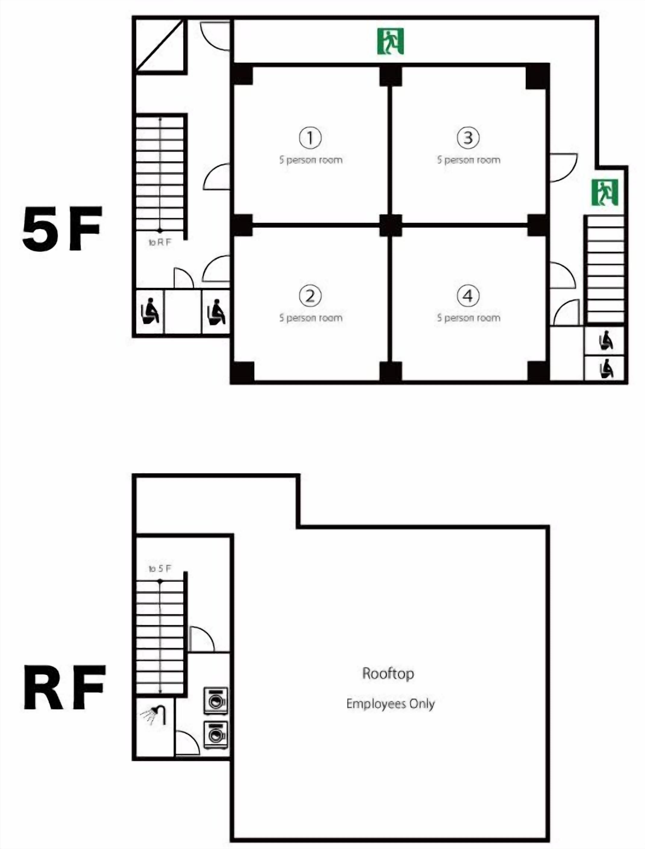 En plantegning af et hotel med fire værelser til fem personer, et tagområde og et område kun for tagpersonale (RF).